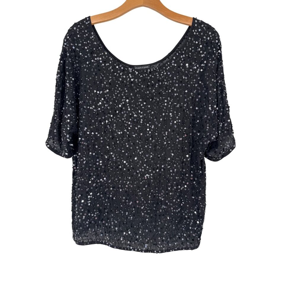 Eileen Fisher Black Sequin Silk Top short sleeve size large womens